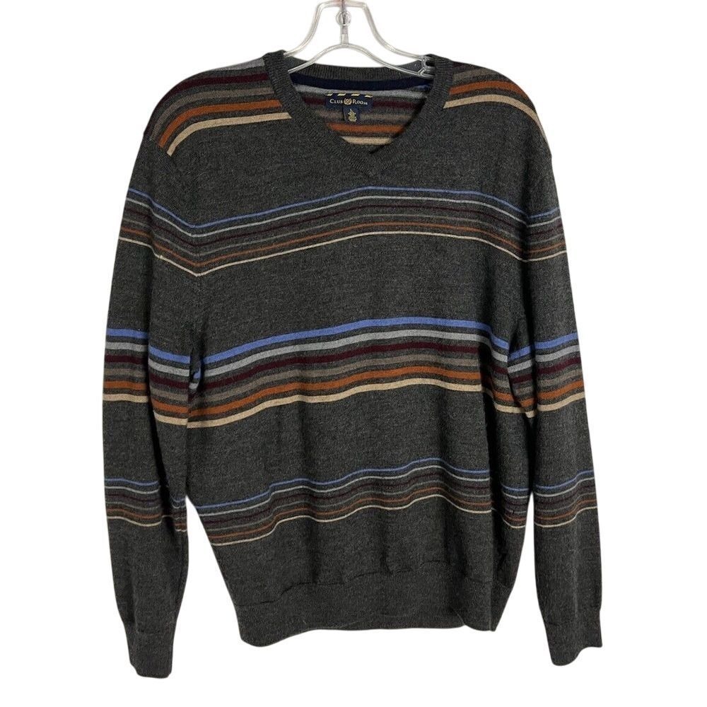 Club Room Men's Merino Wool Blend Gray Striped V-Neck Sweater Size L